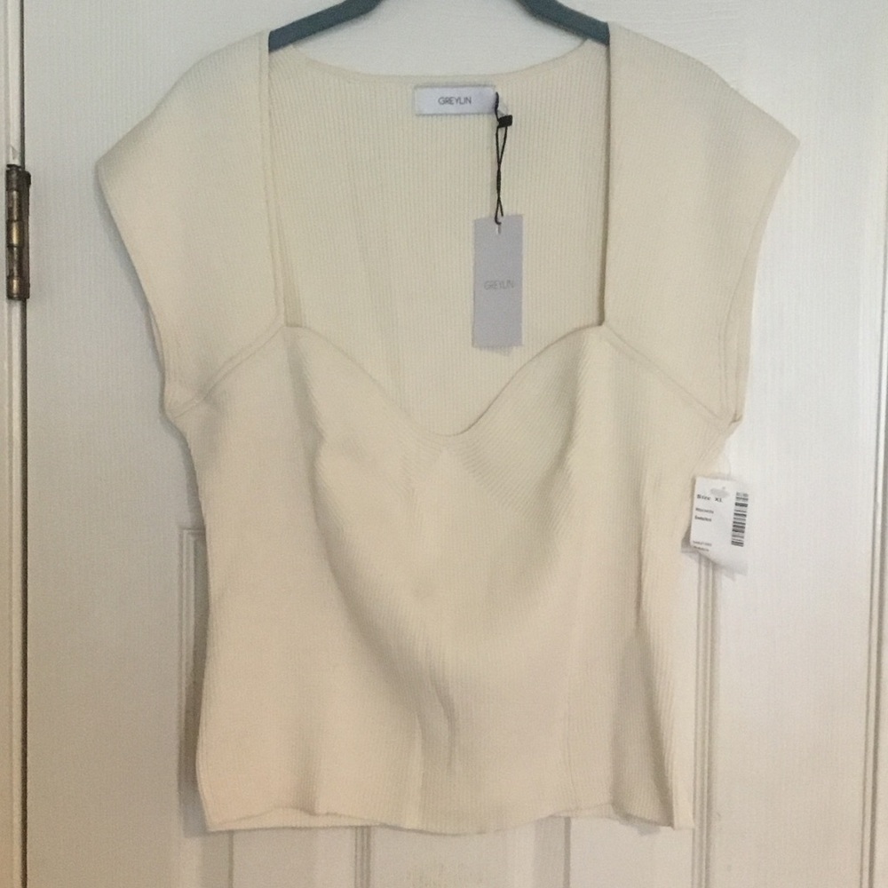 NWT Greylin Cream Ribbed Sweetheart Neck Cap-Sleeve Top